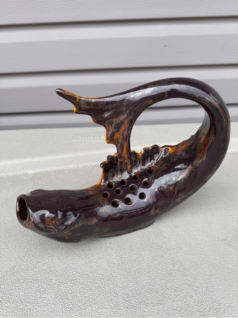 Vtg Flower Frog Fish Statue Koi Mid Century Ceramic Figural Art signed